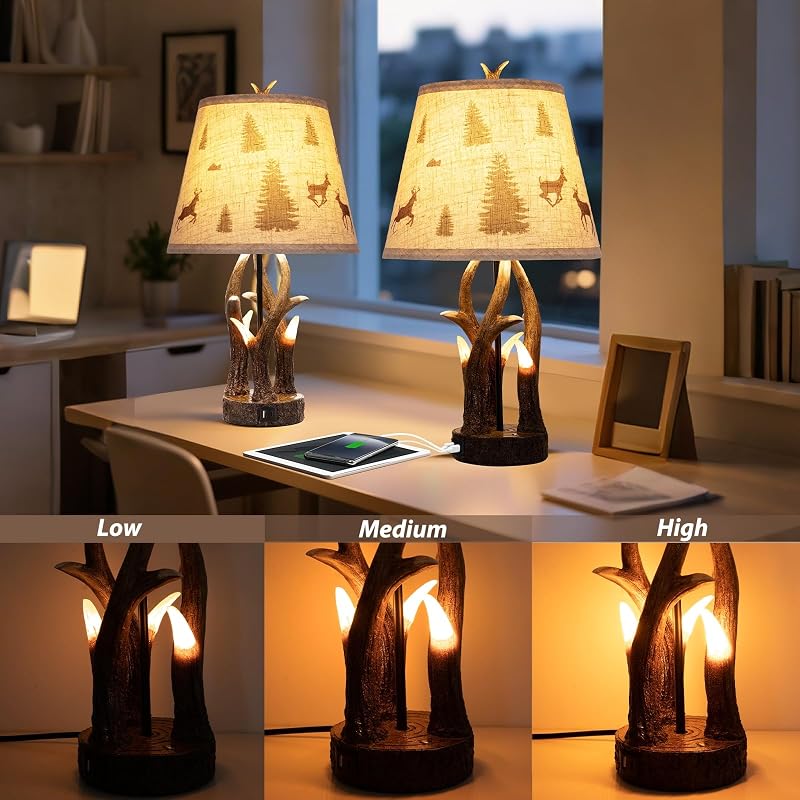 2 Lámparas Mesa Rústicas Control Táctil Luz Nocturna USB