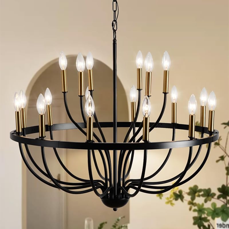 Candelabro moderno de granja 18 luces negra y dorada