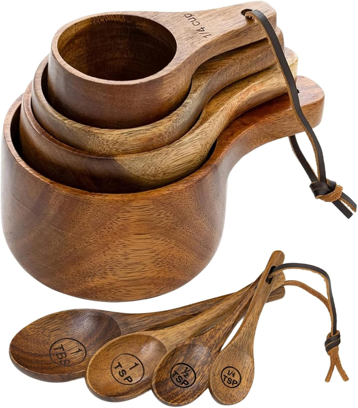 Juego tazas y cucharas medidoras madera acacia grabadas