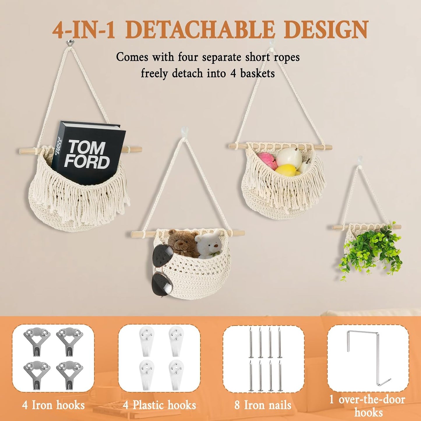 Cesta frutas colgante 4 niveles cuerda algodón beige