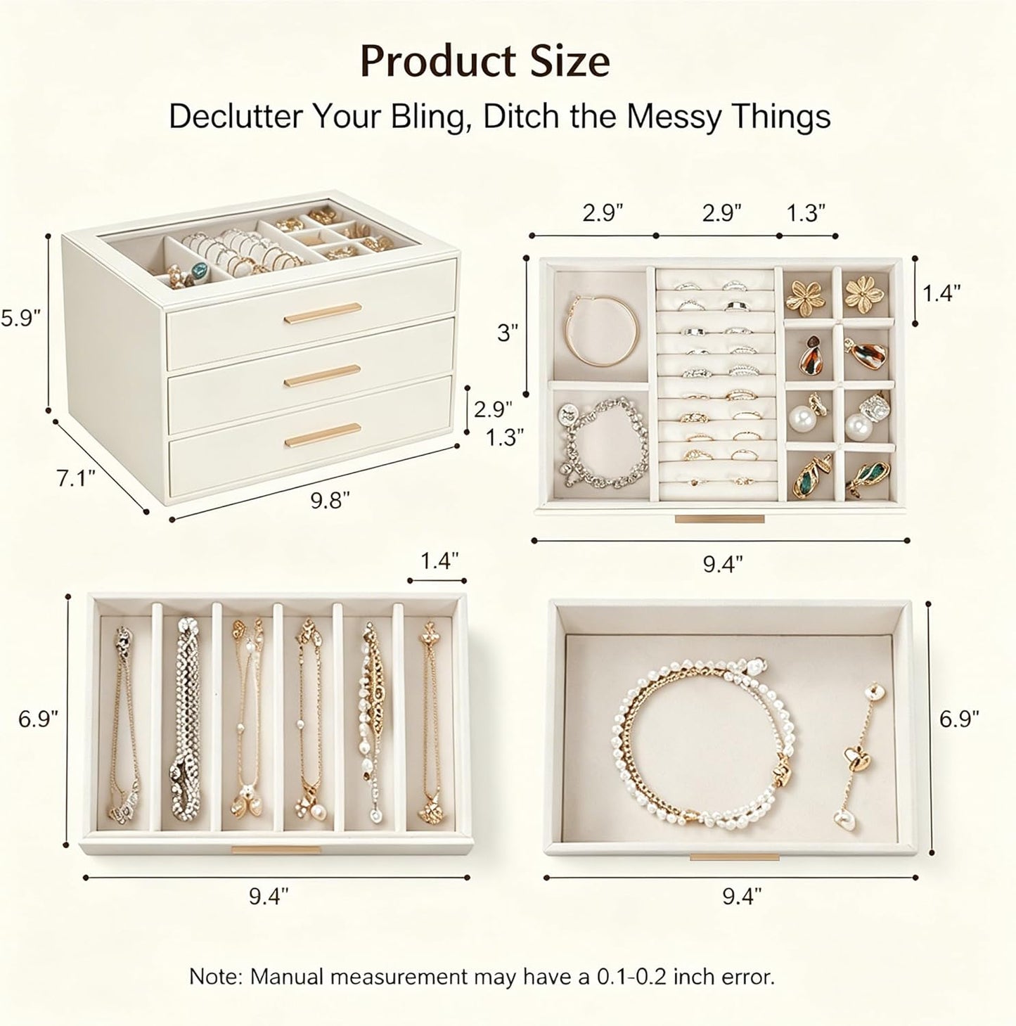 Estuche joyas 3 cajones poliuretano color blanco