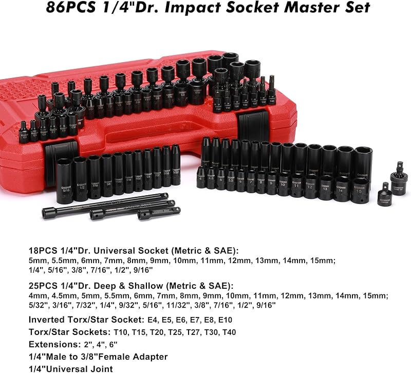 Set llaves impacto 86pzas 1/4pulg SAE/métrico CR-V