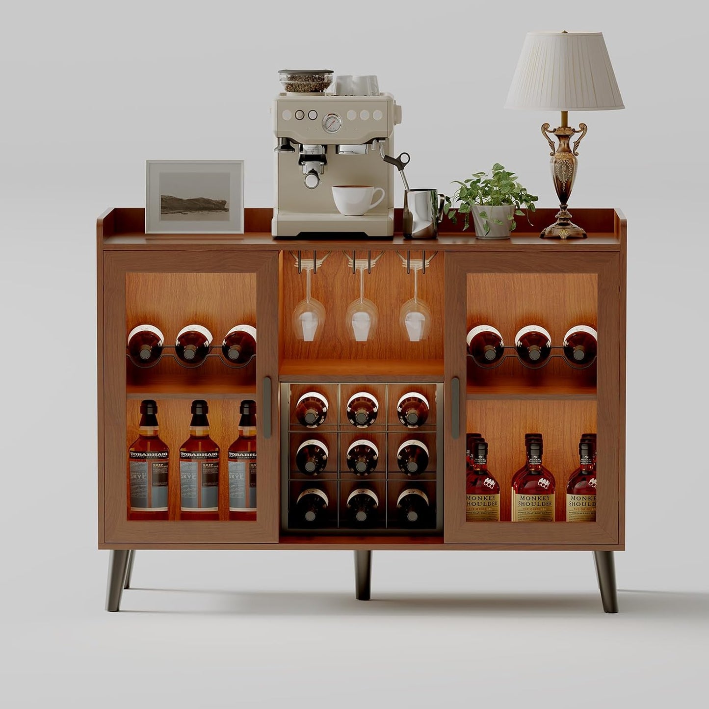 Armario bar vino con estante luz LED y puerta vidrio