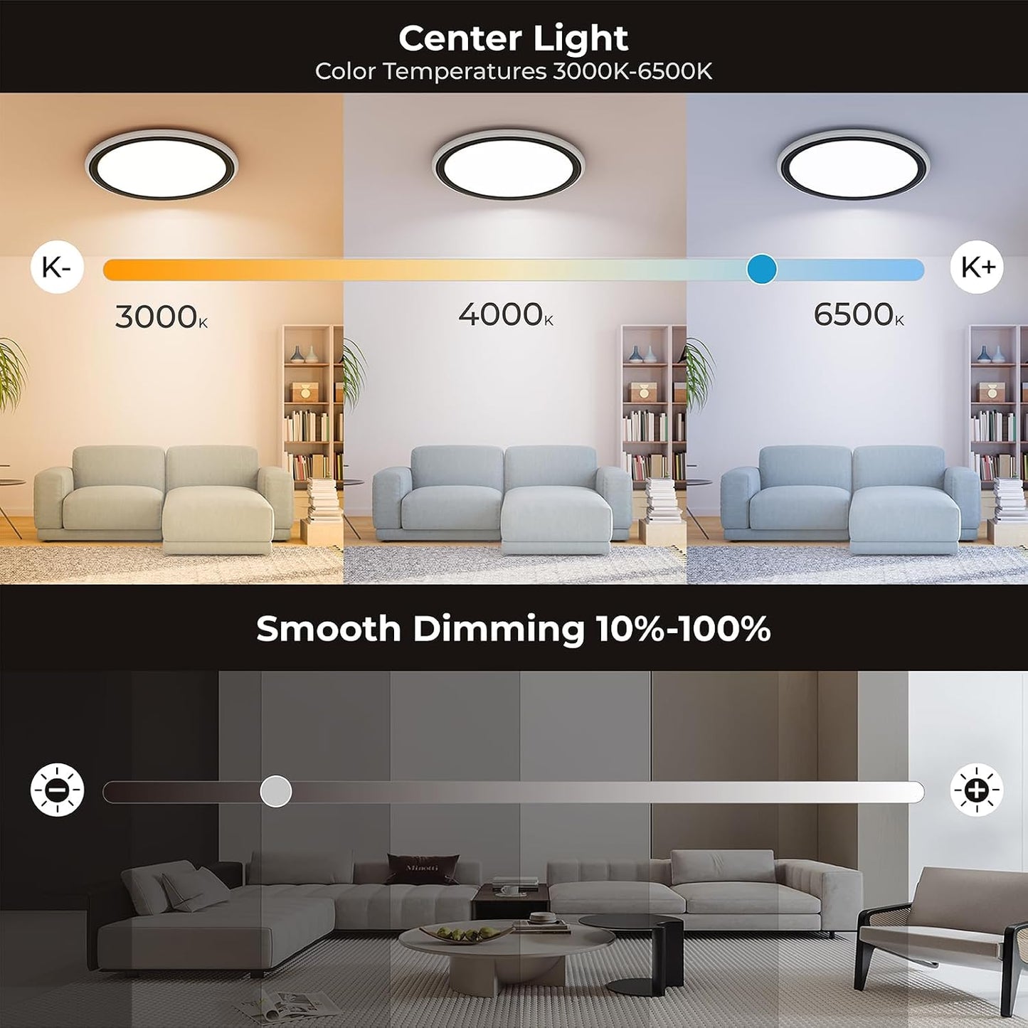 Lámpara techo LED 13pulg control remoto luz nocturna negra