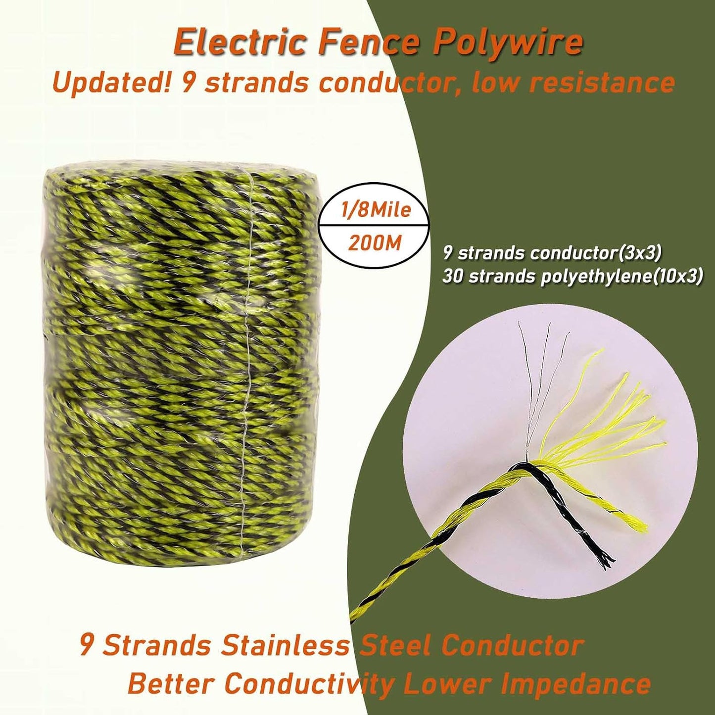 Valla eléctrica Polywire 660 pies 9 hilos acero inox