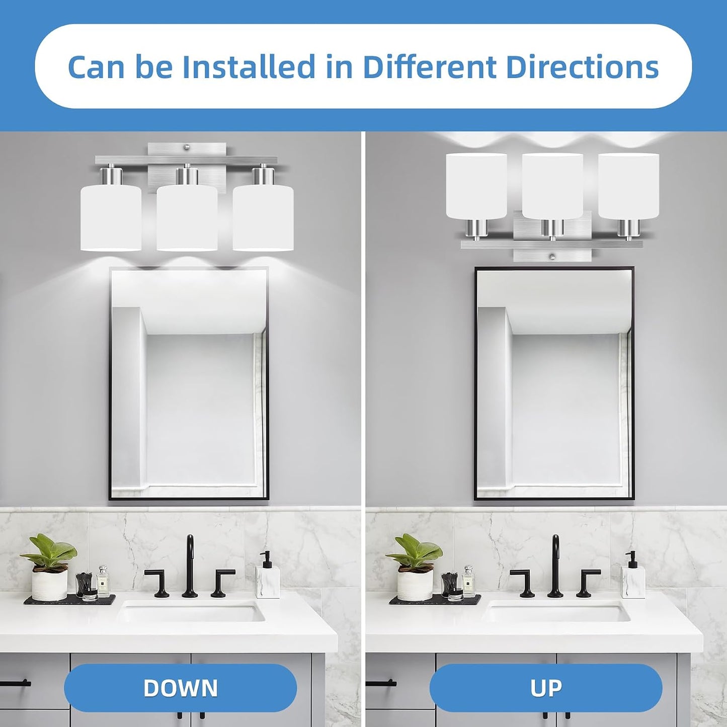 Lámpara baño níquel cepillado 3 luces E26 vidrio blanco