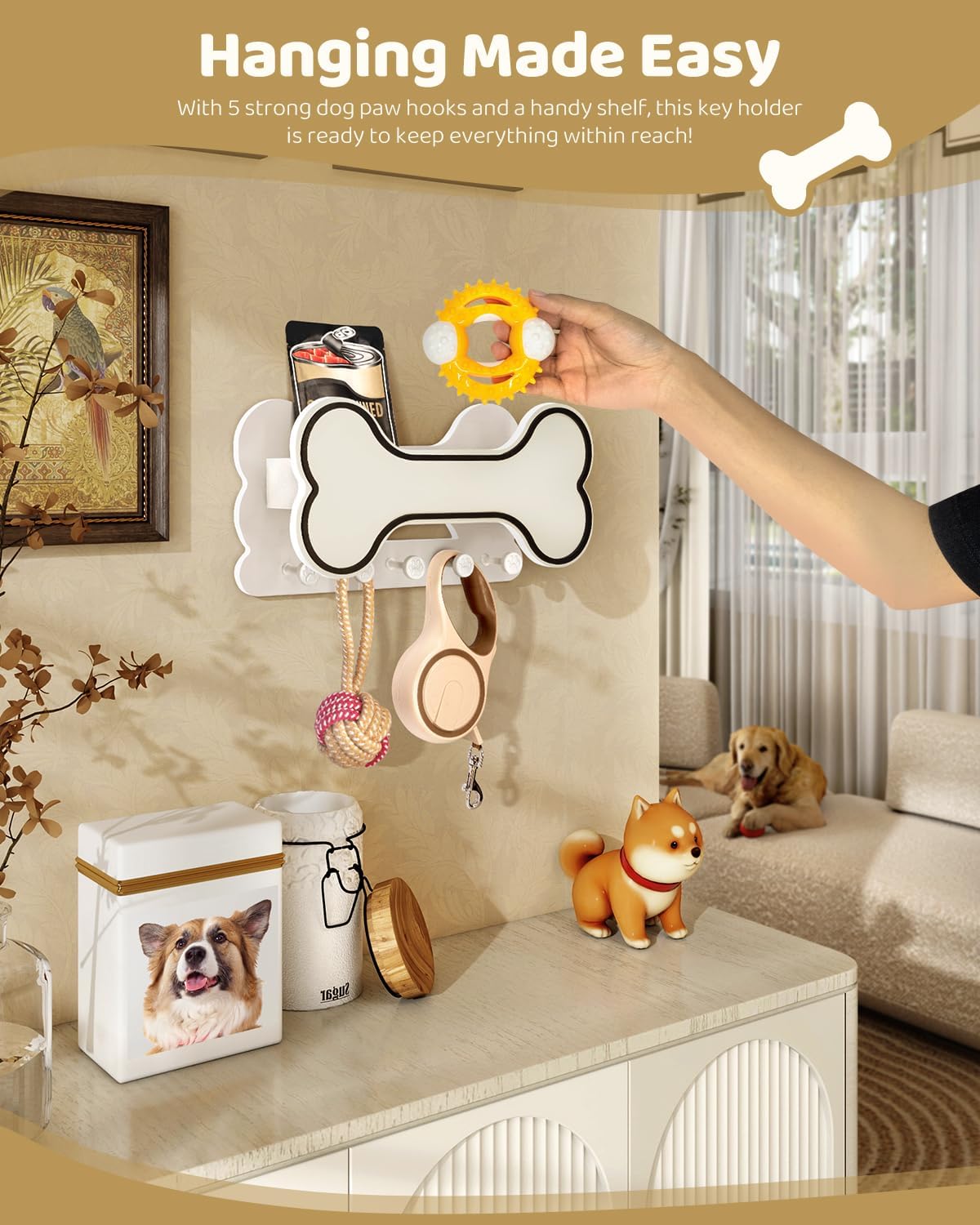 Soporte correa perro pared con ganchos 3D y estante