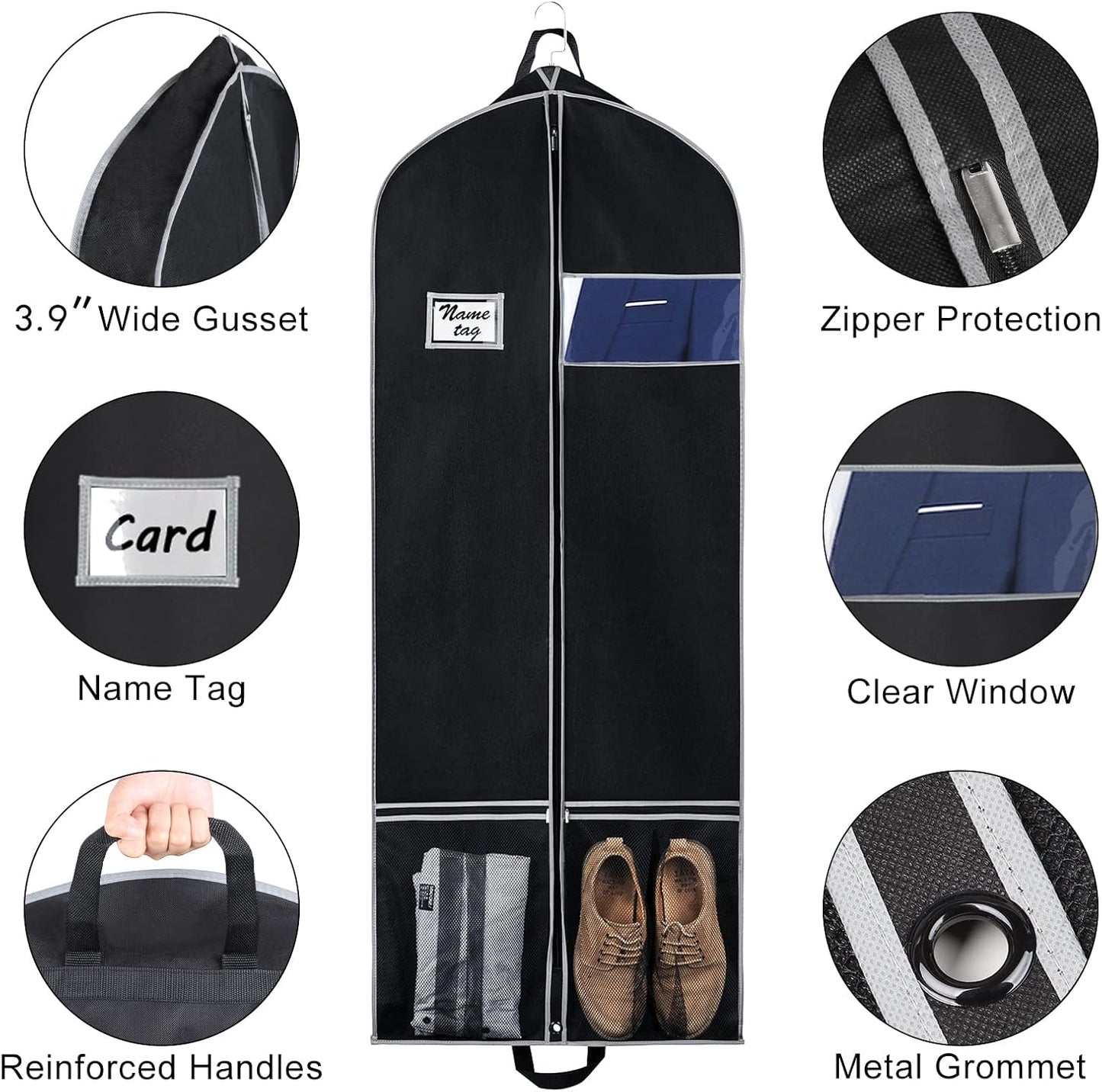 Bolsas viaje 60pulg 2 bolsillos malla tarjetero PVC negro