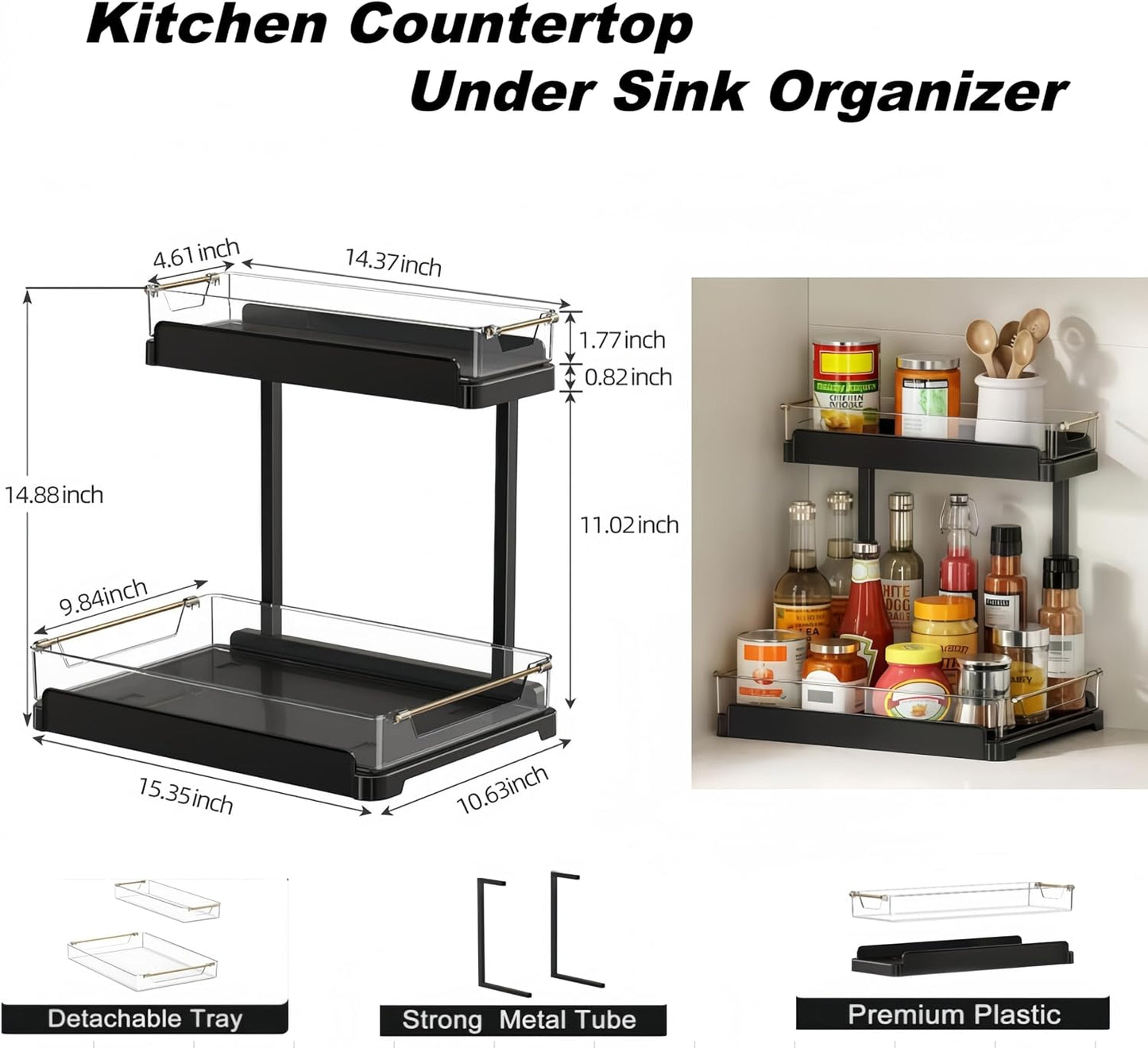 Organiz. debajo fregadero cocina baño bandeja extraible negro