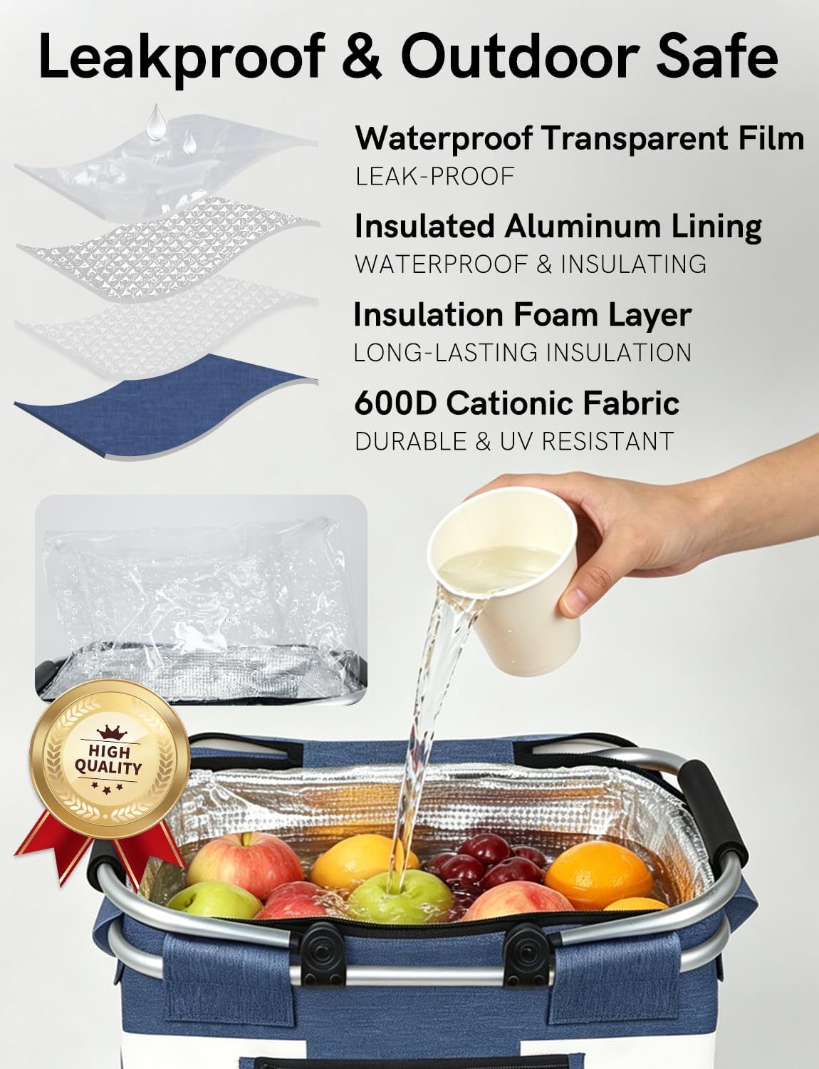 Cesta picnic aislada 26L con tapa 2 asas resistentes azul