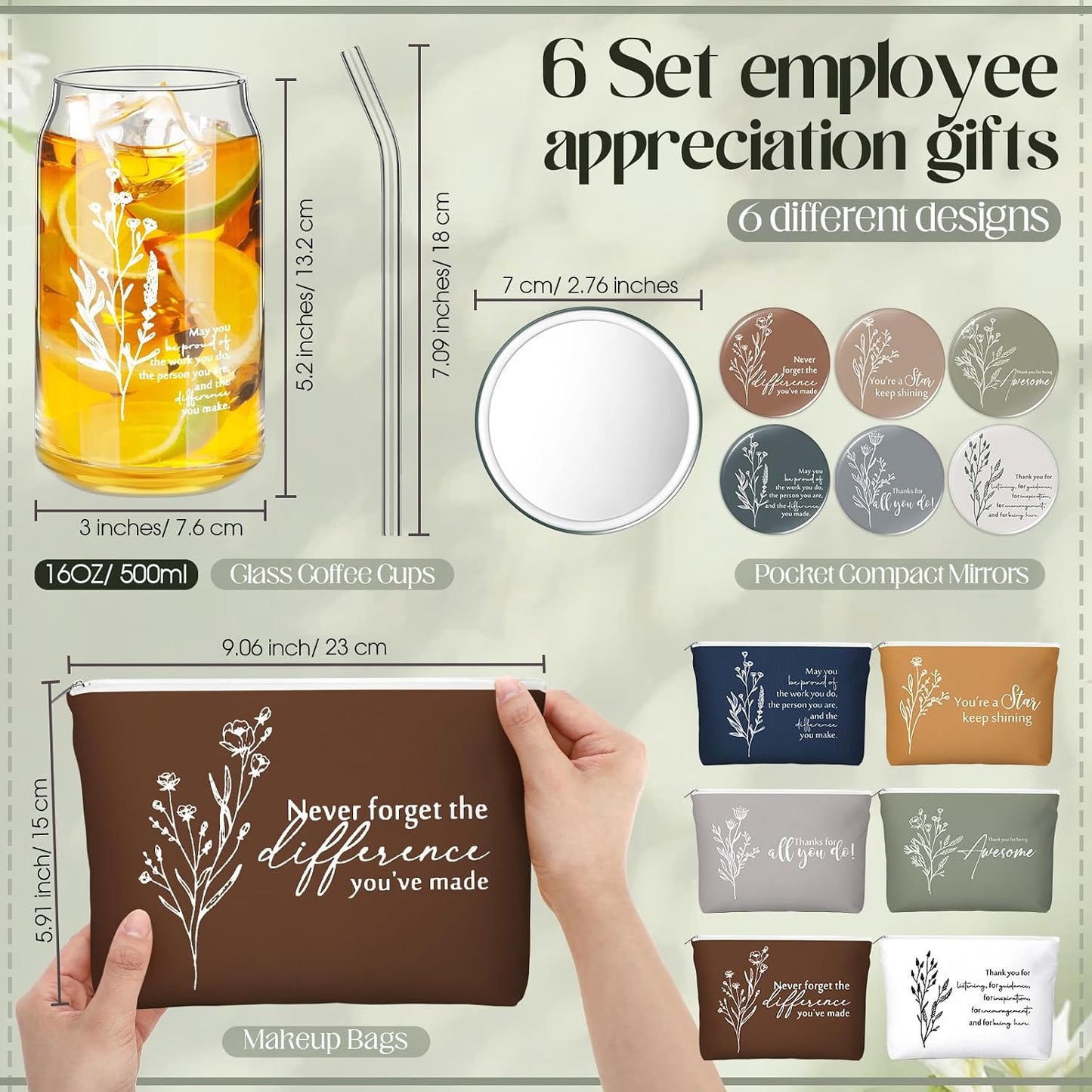 18 Pzas Regalos Mujer Vaso 16oz Bolsa Maquillaje Espejo