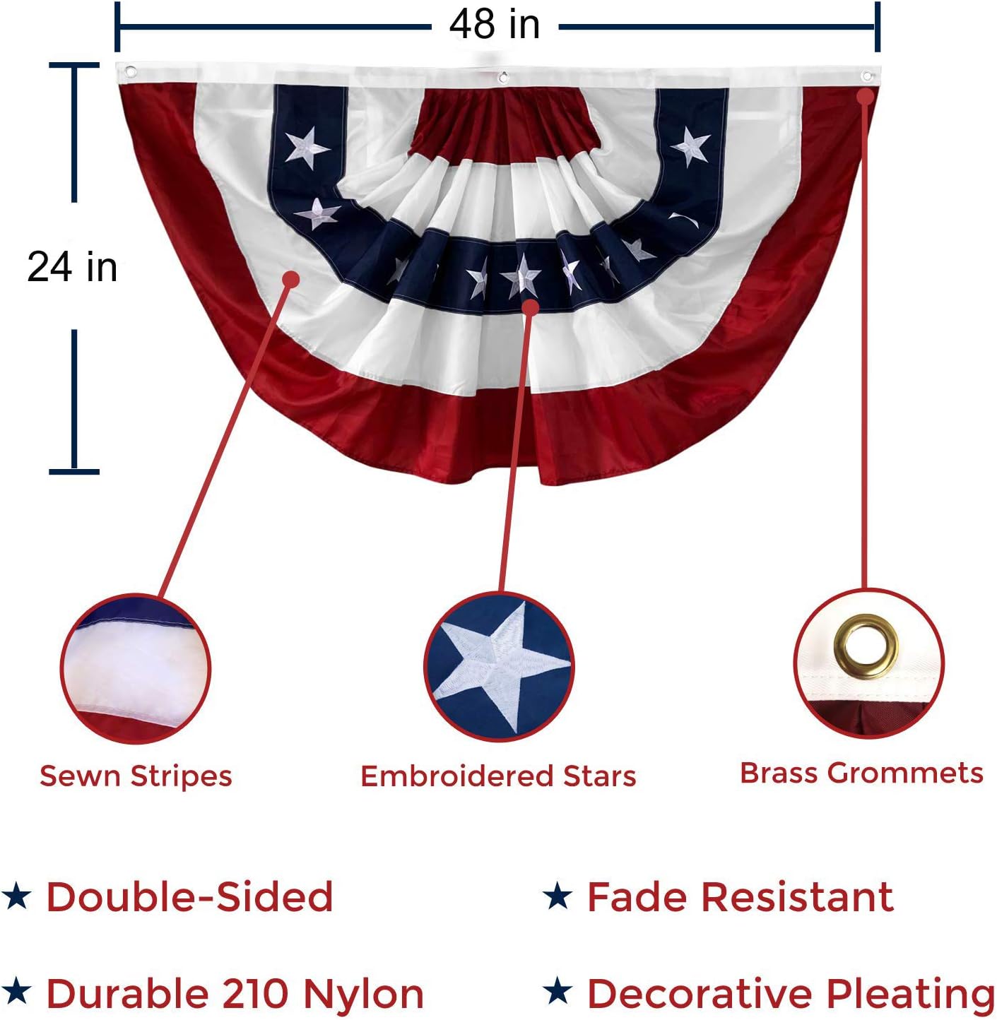 2 Banderines Estadounidense 2x4ft Plisadas Estrellas Bordadas
