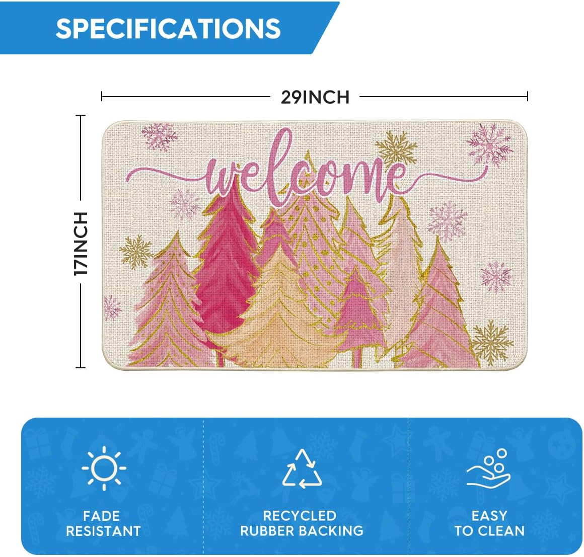 Tapete bienvenida copo nieve árbol rosa navidad 17x29pulg