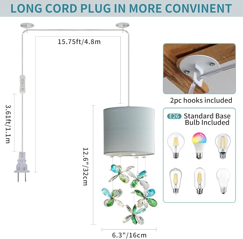 Lámpara colgante cristal enchufe 16pulg interruptor luz isla