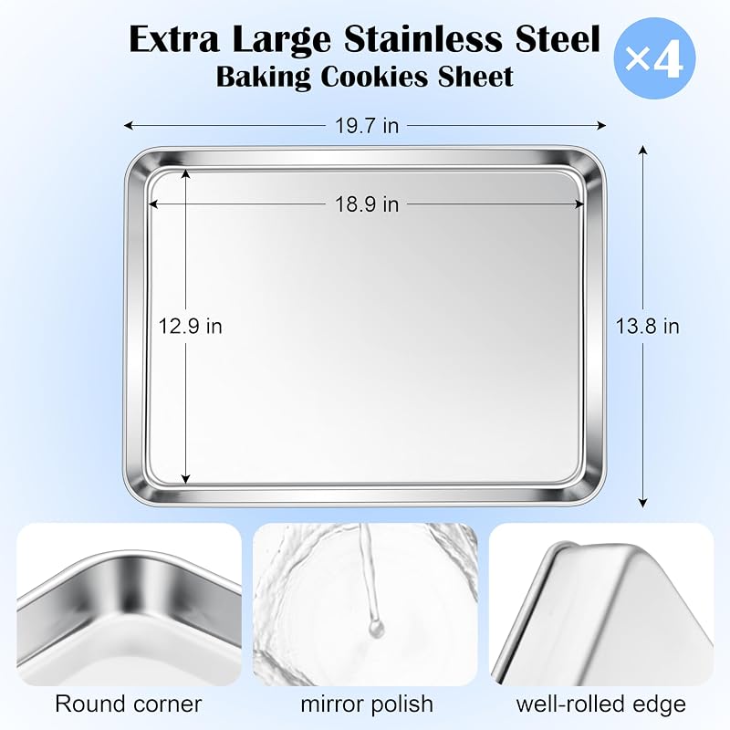 Set 4 bandejas acero inox 20x14pulg para horno galletas