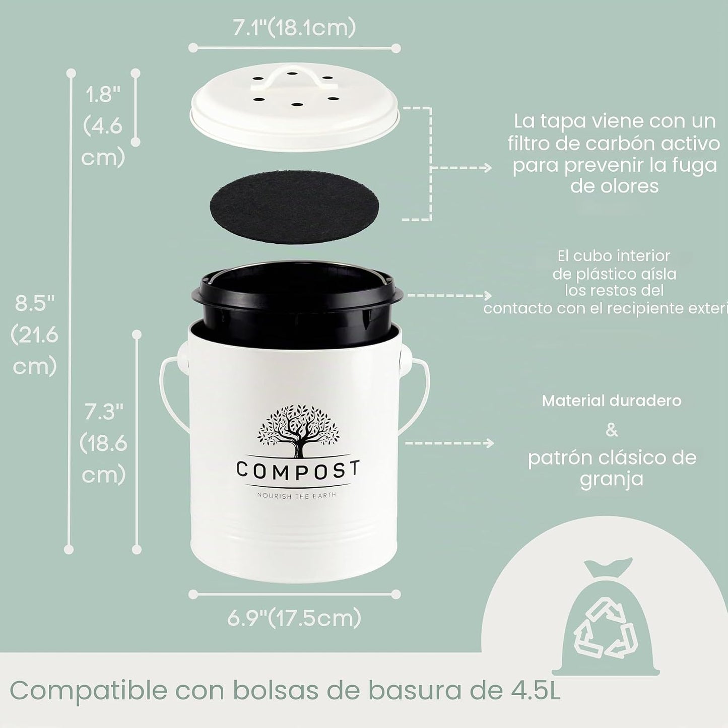 Contenedor compost 1.3gal con tapa filtro carbono crema
