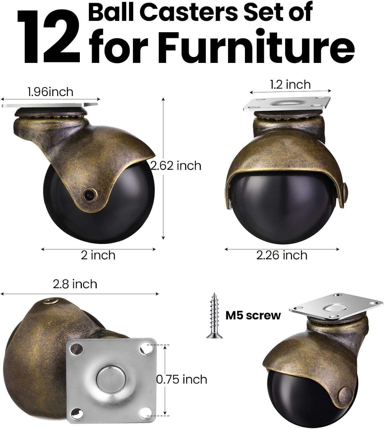12 Ruedas Bola Latón 2pulg Resistentes para Muebles