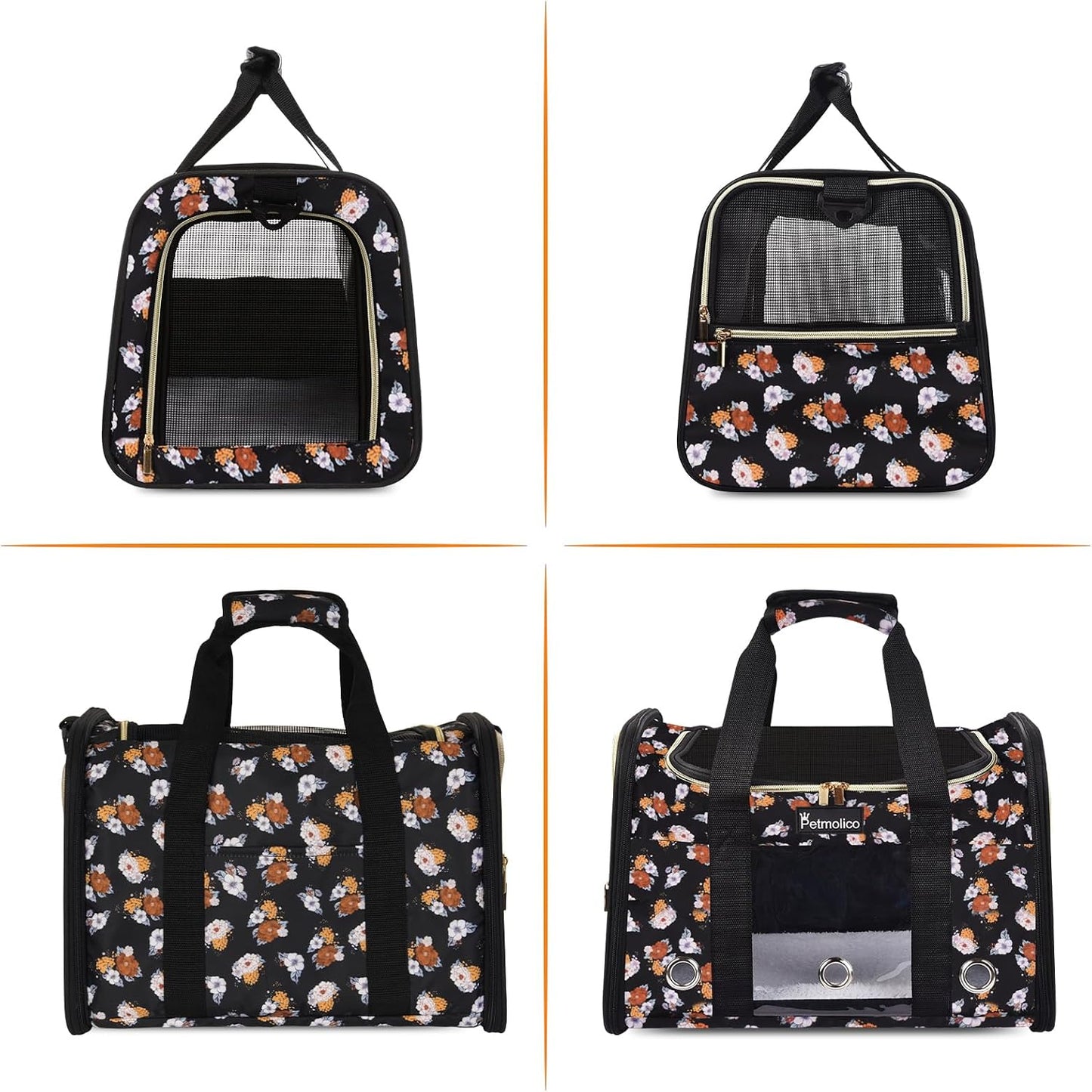 Transportador mascotas 16lb 3 puertas malla flor naranja