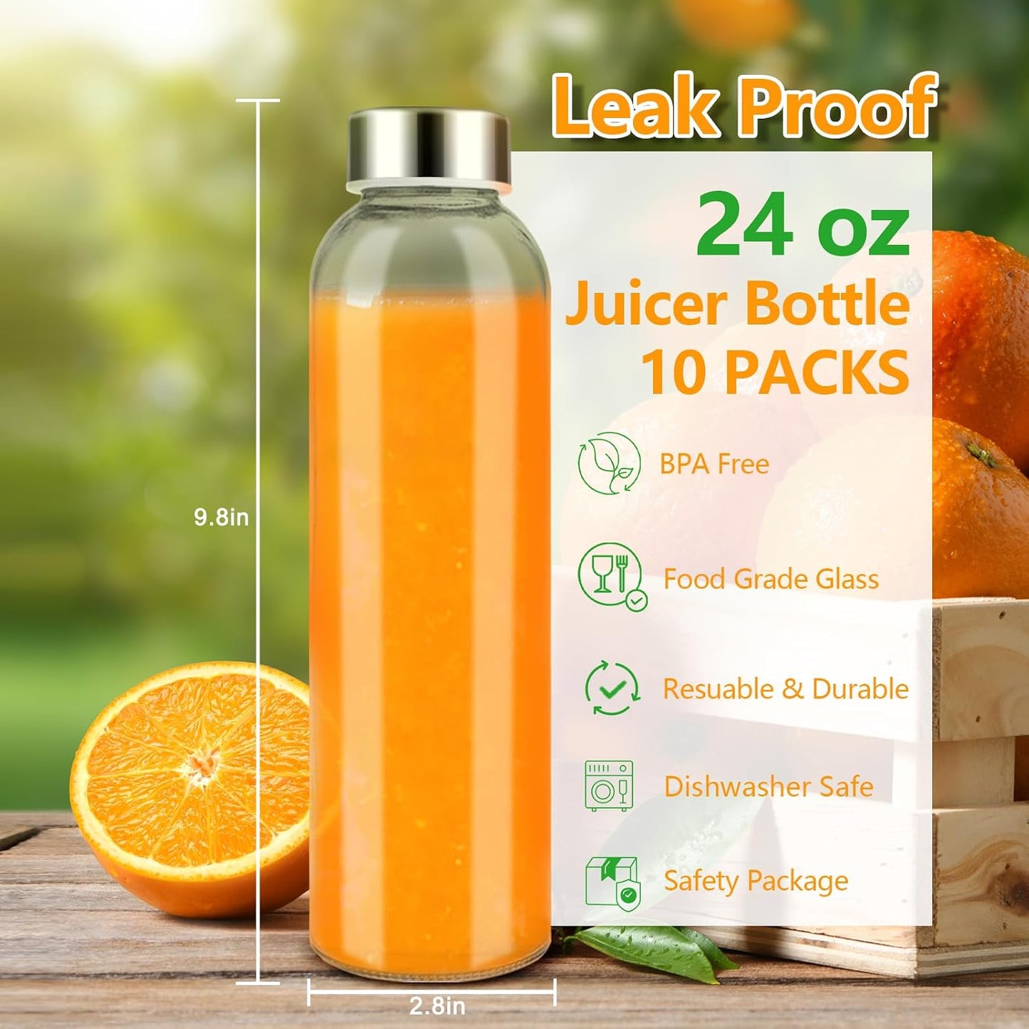 Botellas vidrio 24oz con tapa acero inox set