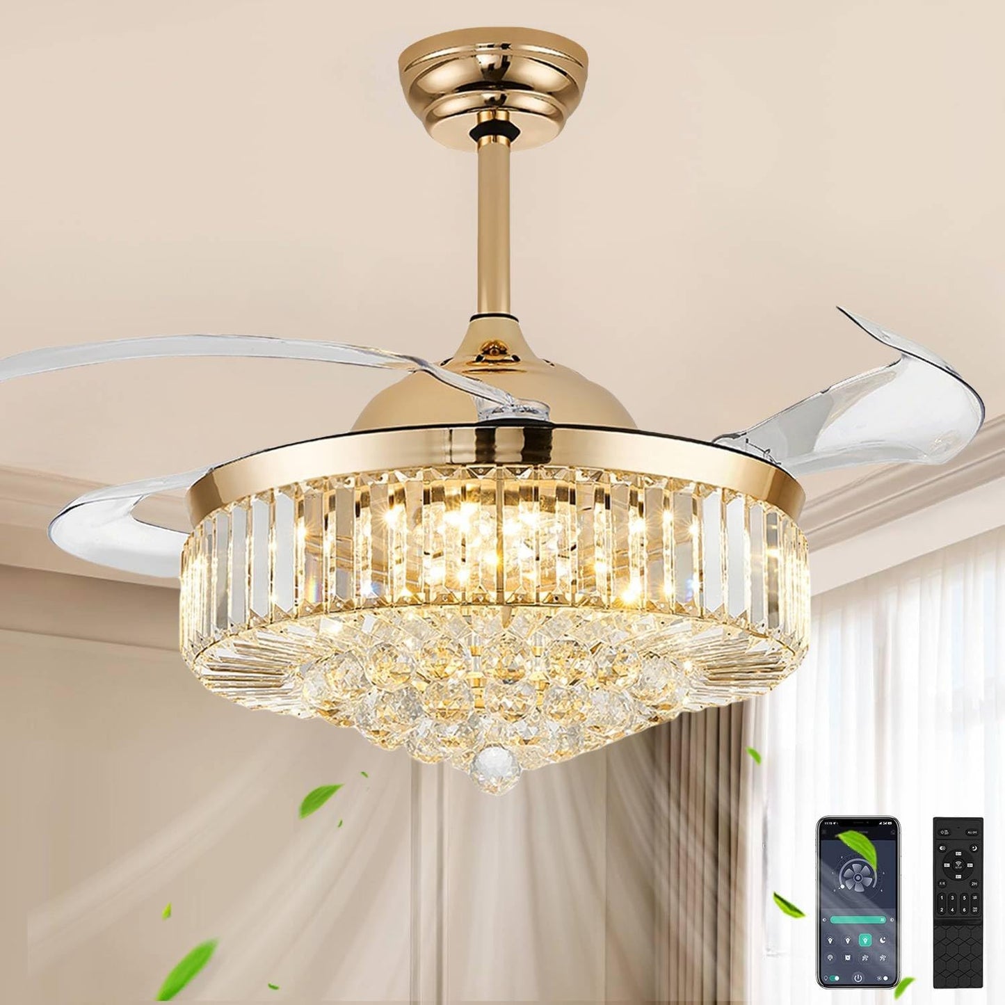 Ventilador techo 48pulg con luz LED dorado regulable 6 vel