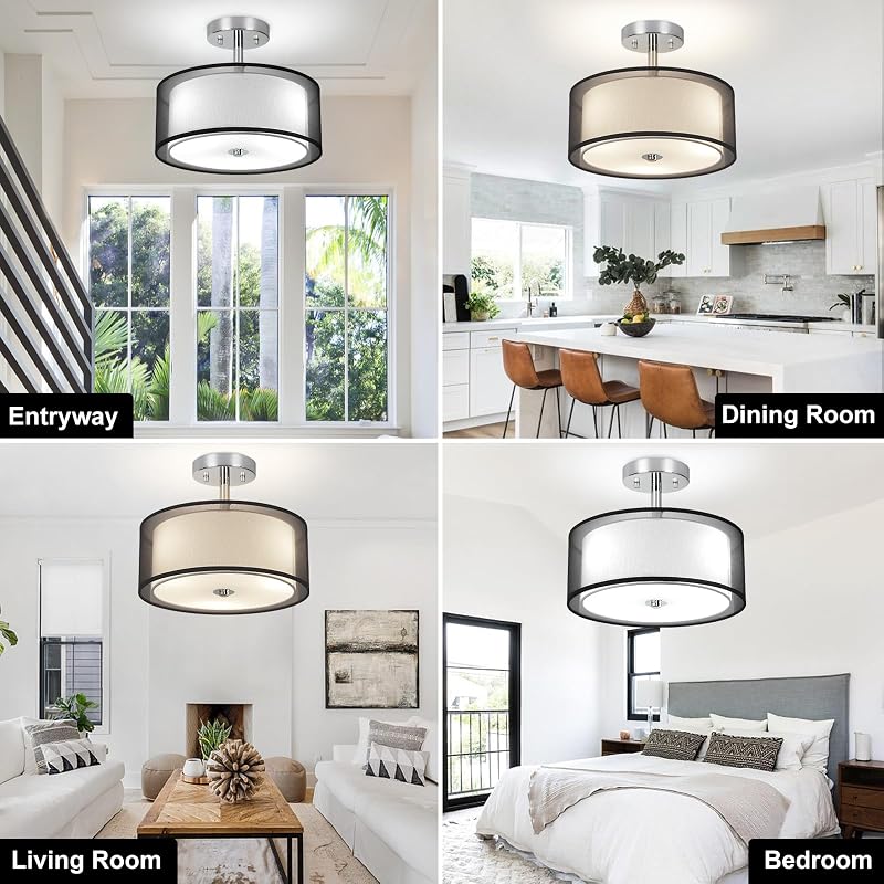 Lámpara techo 3 luces negra 13" doble tela cocina dormitorio