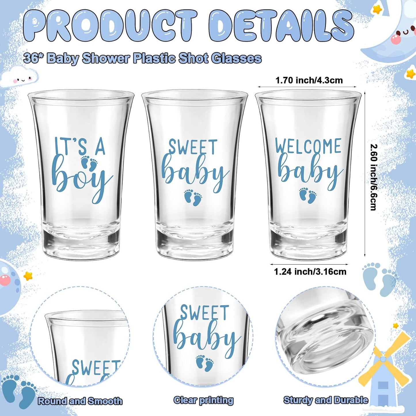 36 Set Baby Shower con Vasos Acrílicos y Bolsa Organza Azul