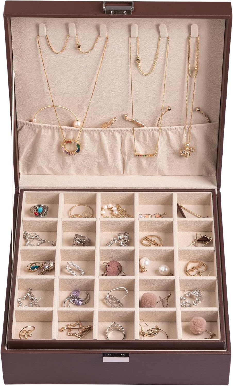 Organiz. aretes caja joyería 50 ranuras doble capa marrón