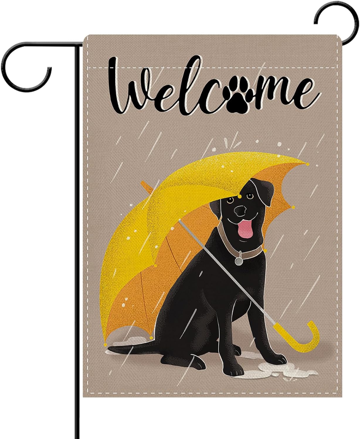 Bandera jardín perro labrador negro sombrilla amarilla patio
