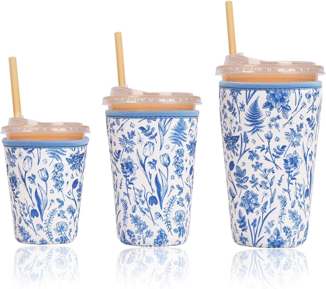 Funda aislante reutiliz. taza café 3pzas flores azul