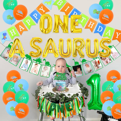 Decoración cumpleaños dinosaurio globos pancarta silla alta