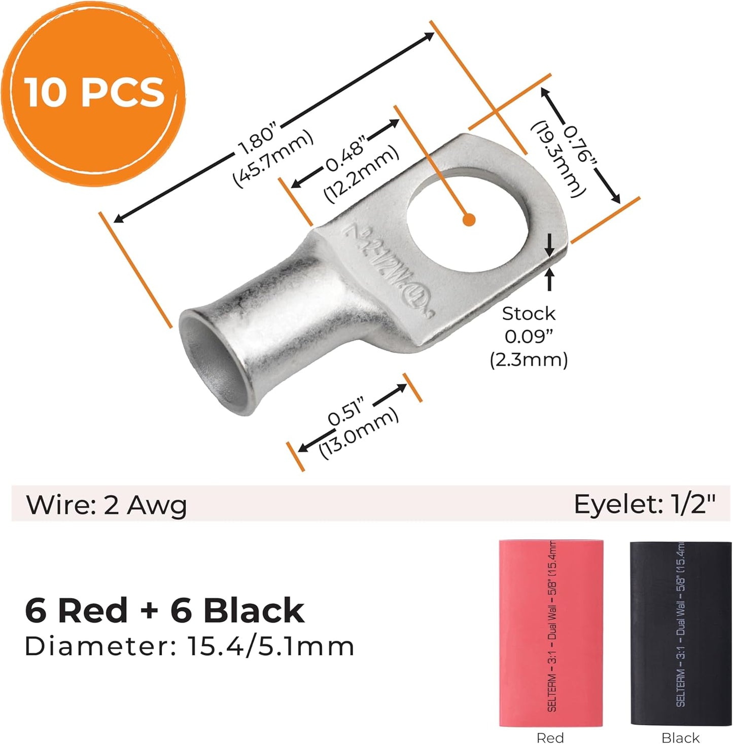 10 Pzas Conectores Anillo 2 AWG 1/2pulg Lengüetas Batería Kit