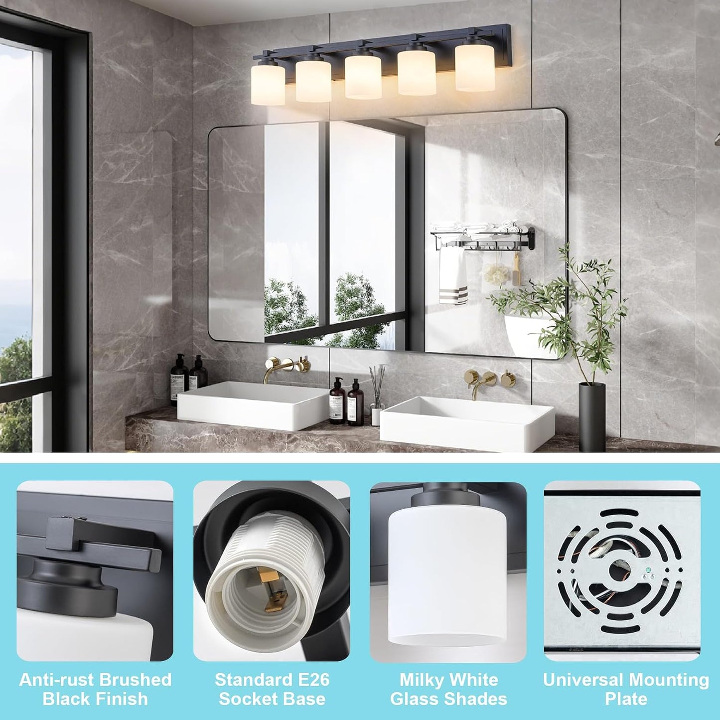 5 Luces Tocador Negro Vidrio Blanco Lechoso E26