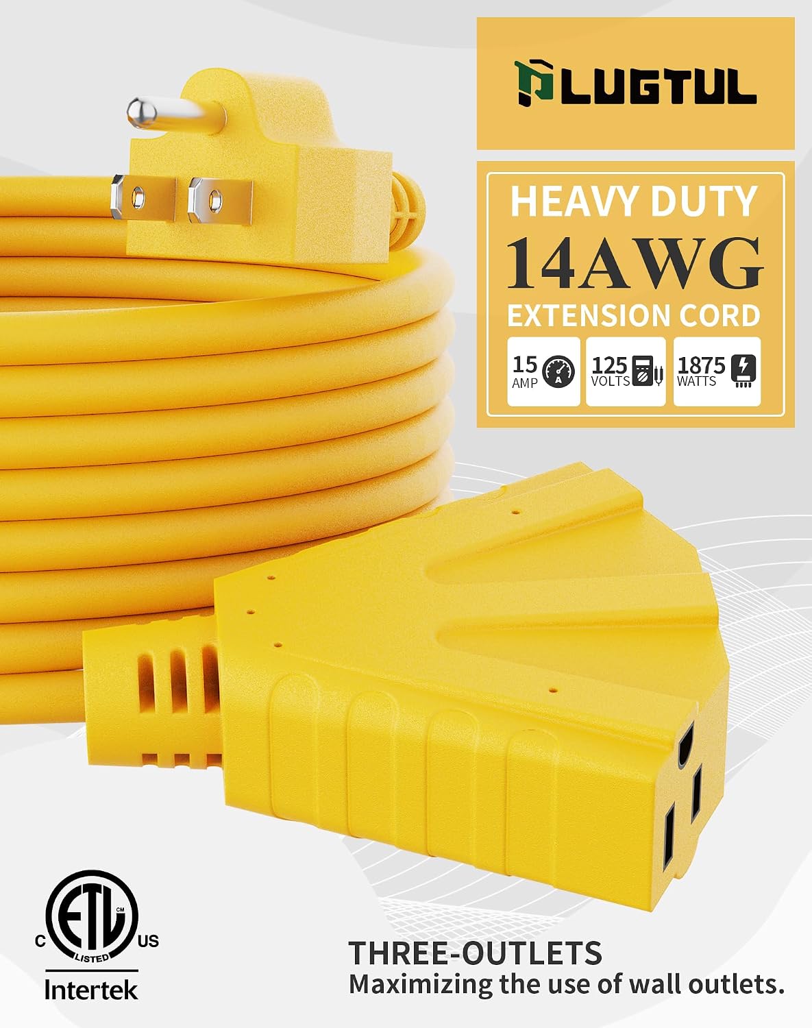 Cable extensión exterior 10ft 3 salidas 15a amarillo