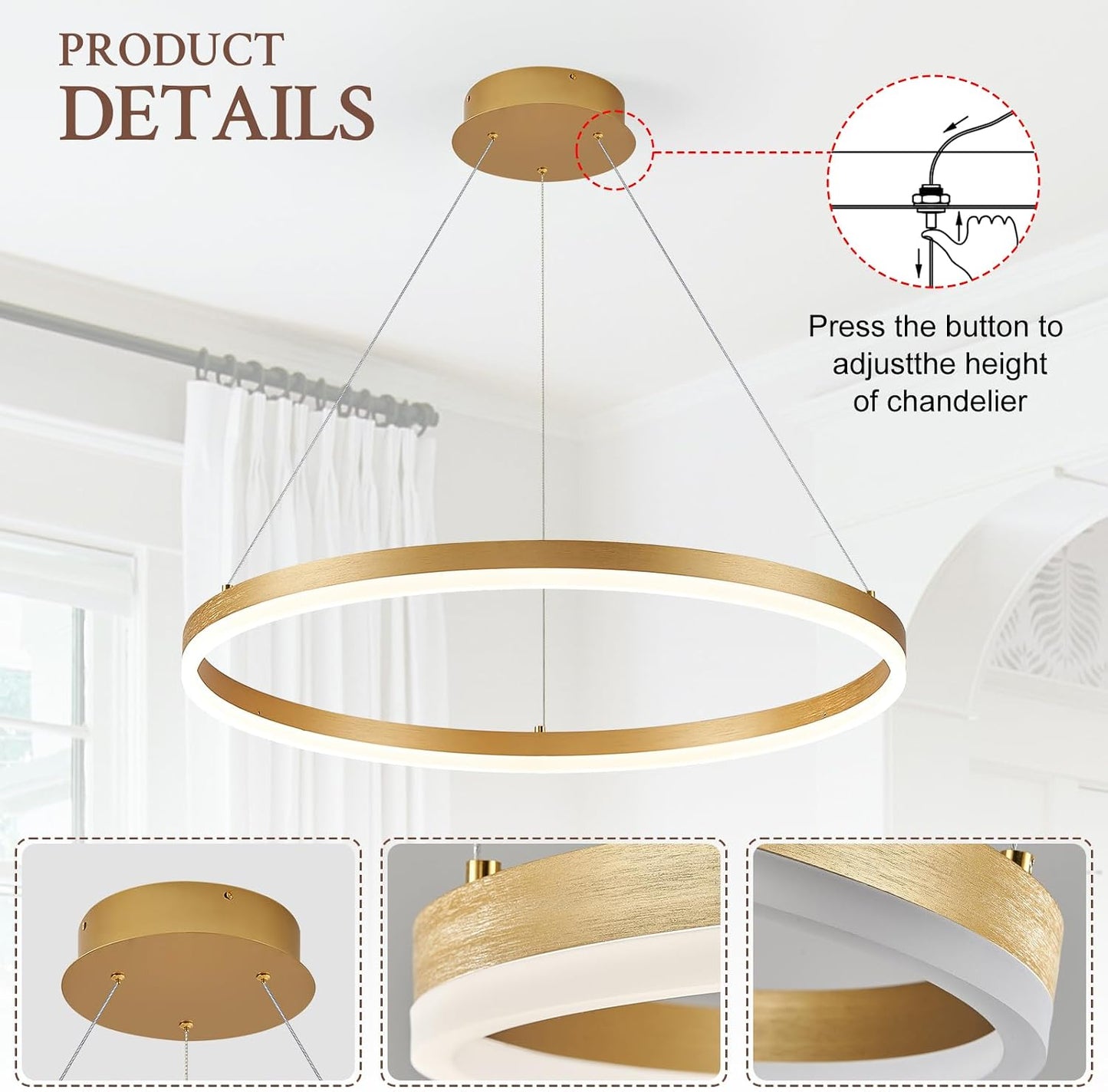 Lámpara colgante LED anillo dorado 36W regulable