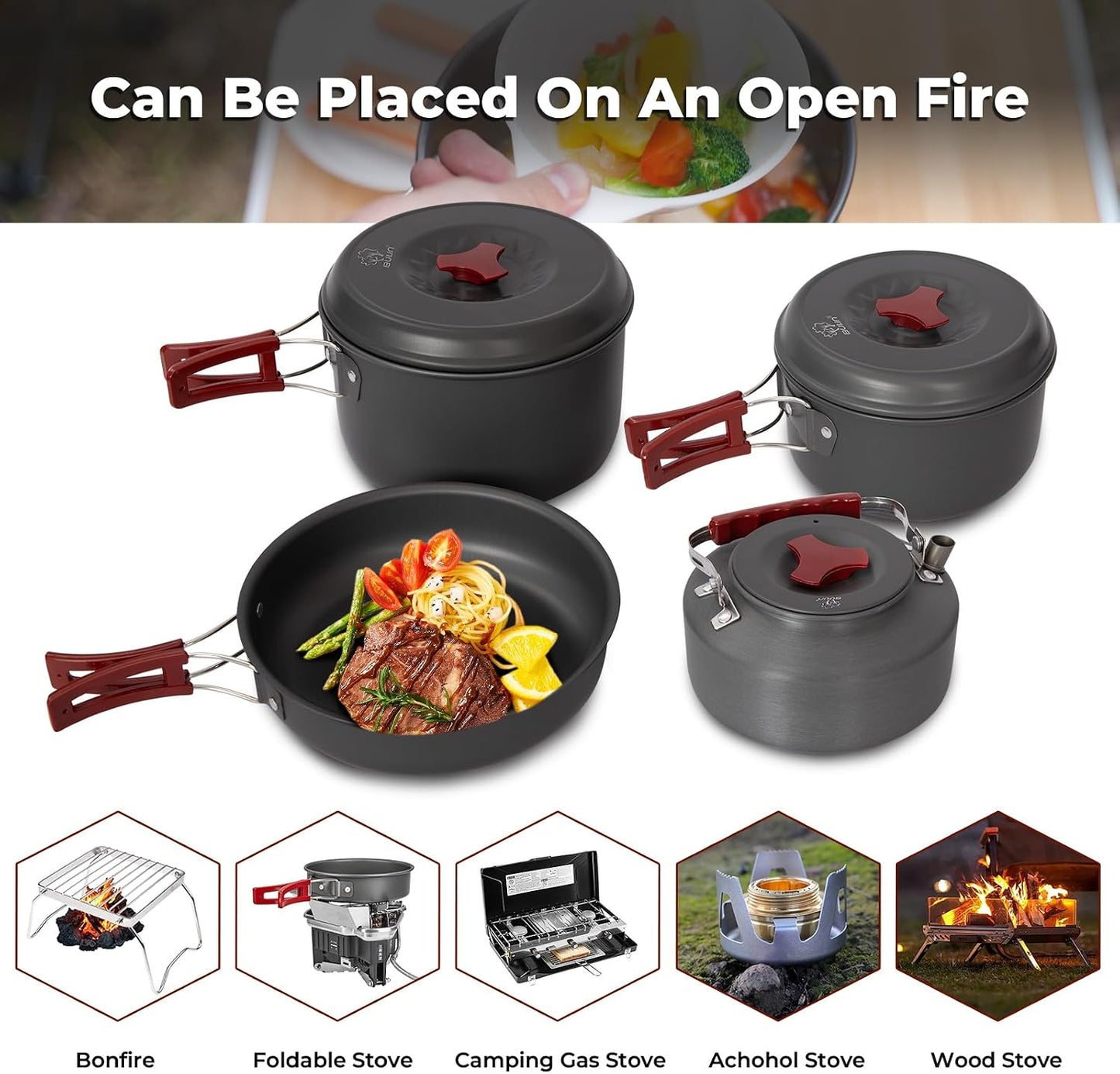 Set cocina camping 4 pzas tetera olla sartén cuenco