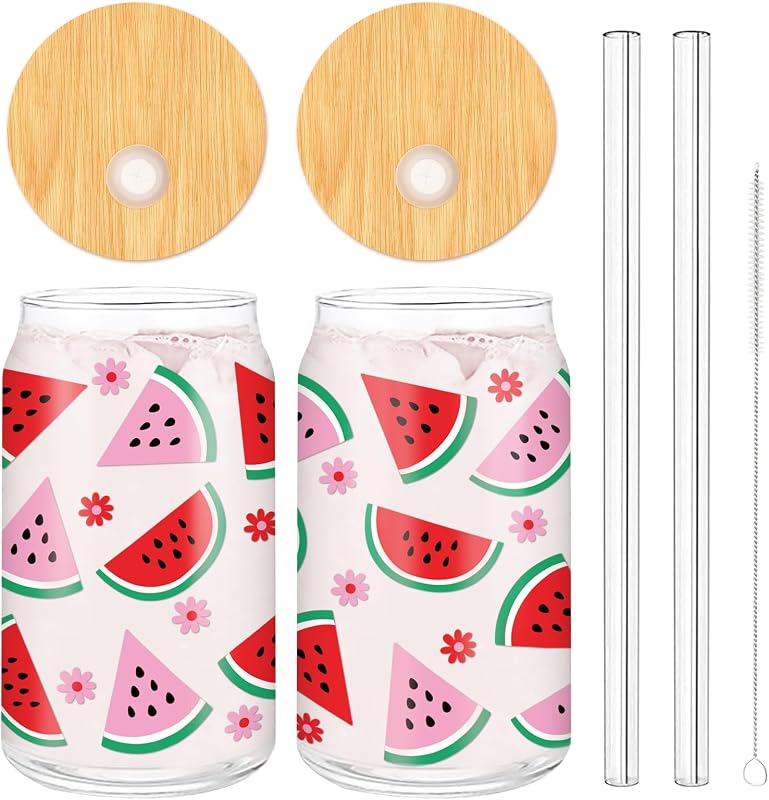 2 Vases Sandía 16oz con Tapa y Popote para Cócteles