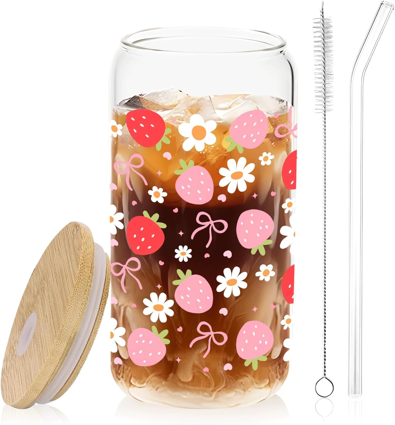 Vaso vidrio fresa lazo rosa 14oz