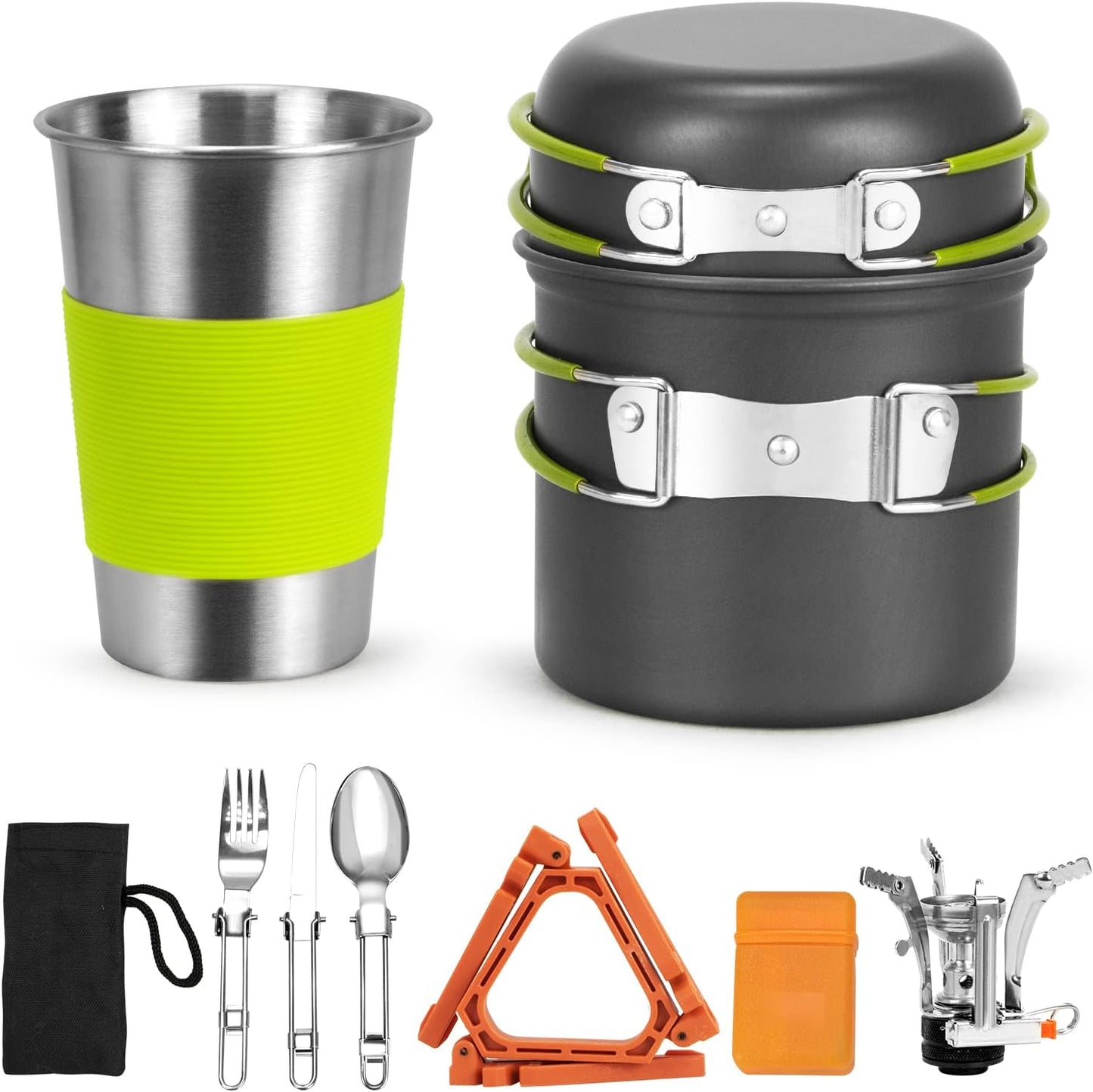 Kit utensilios cocina acero inox camping estufa trípode taza