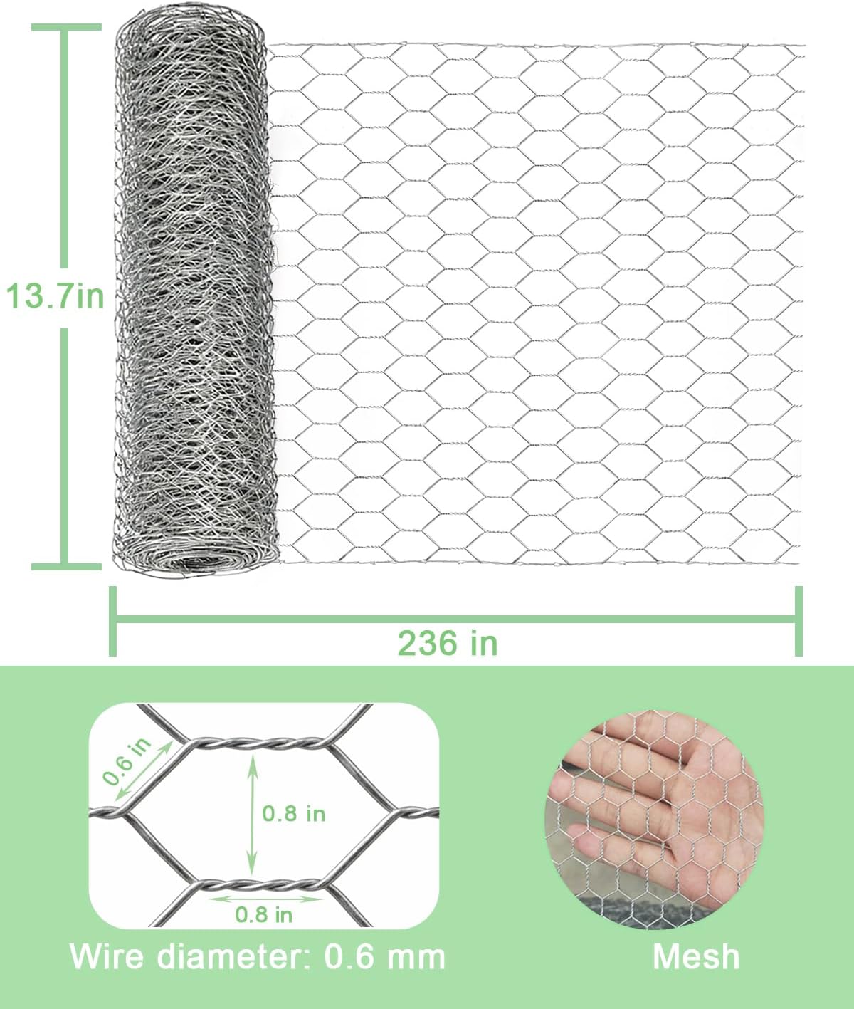 Rollo malla alambre galvanizado 13.7x236pulg valla jardín