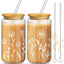 Vaso vidrio con flores tapa bambú pajita 16oz regalo mamá