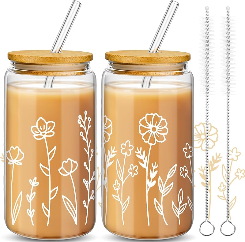 Vaso vidrio con flores tapa bambú pajita 16oz regalo mamá