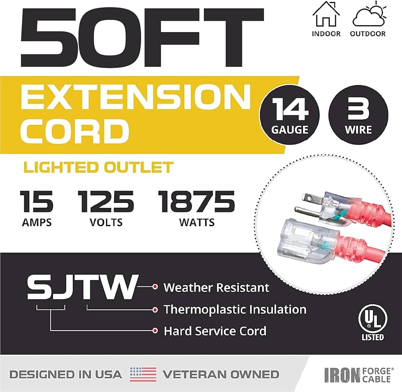 Cable extensión iluminado 50ft 15A para electrodomésticos