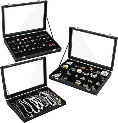 Caja exhibición cristal 3 Pzas soporte collares anillos 13.8x9.5x2pulg negro