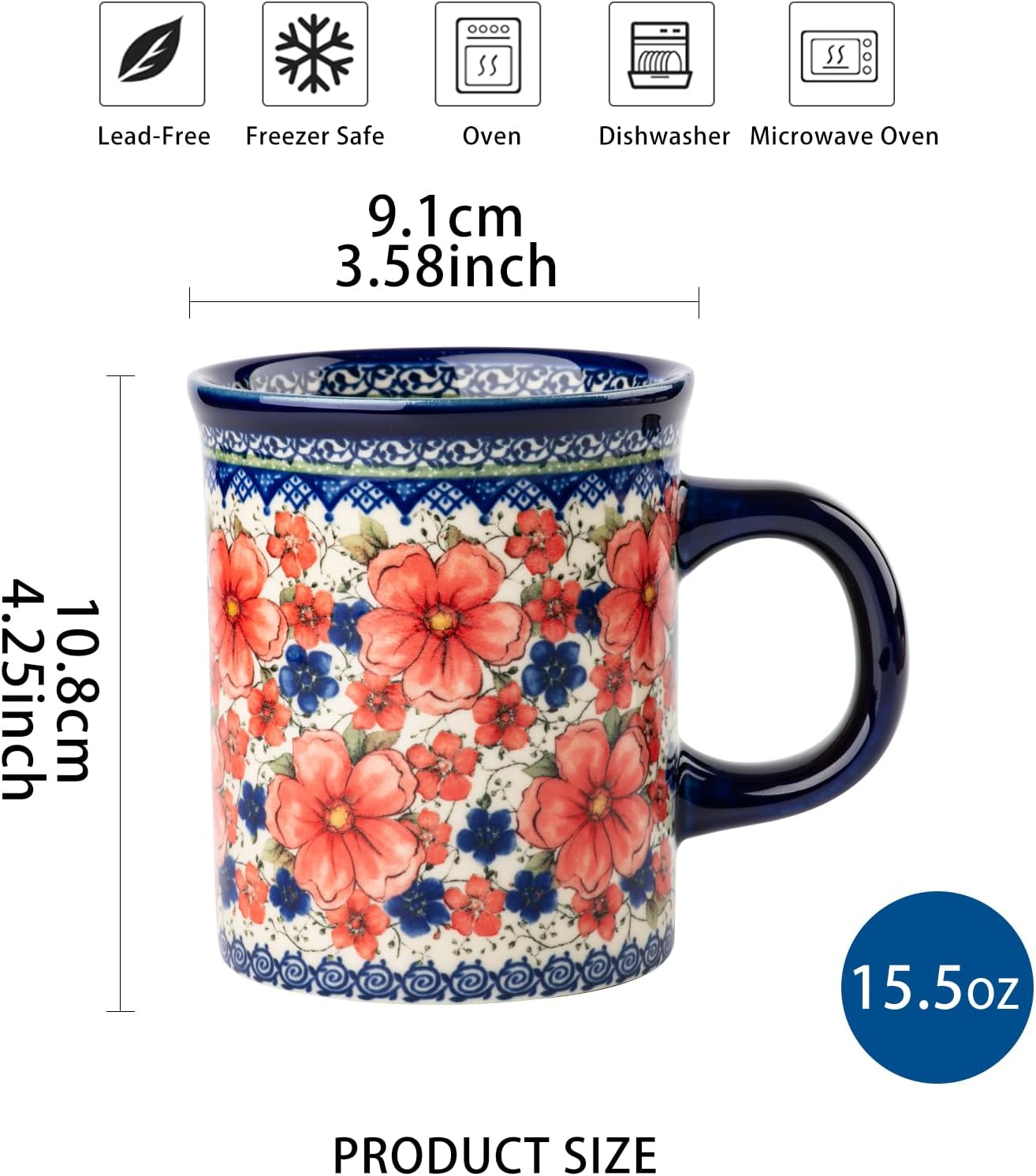Set 4 Tazas Cerámica Pintadas 15.5oz Asa Té/Léche/Cacao