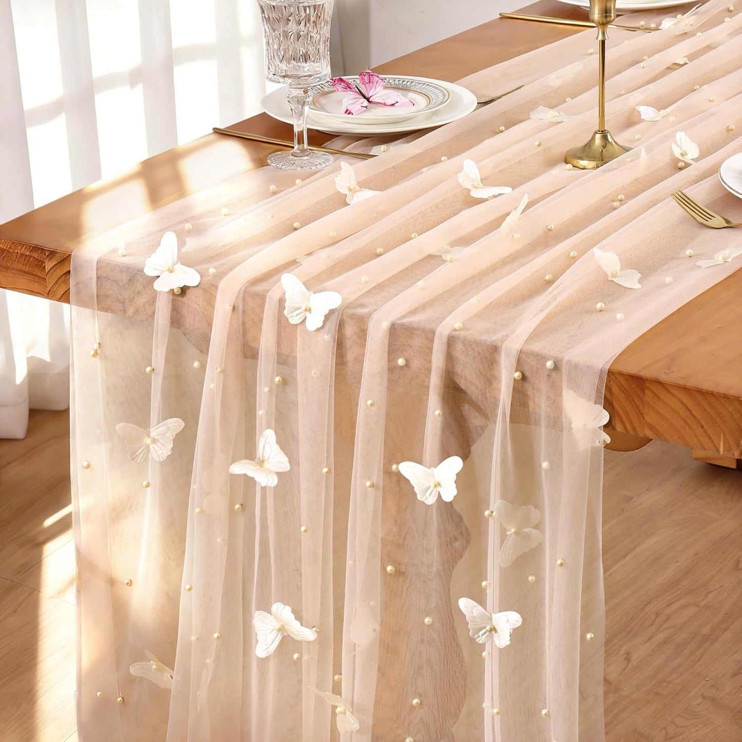 Camino Mesa Gasa Champán Perla 3D 120pulg Tul Transparente Boda