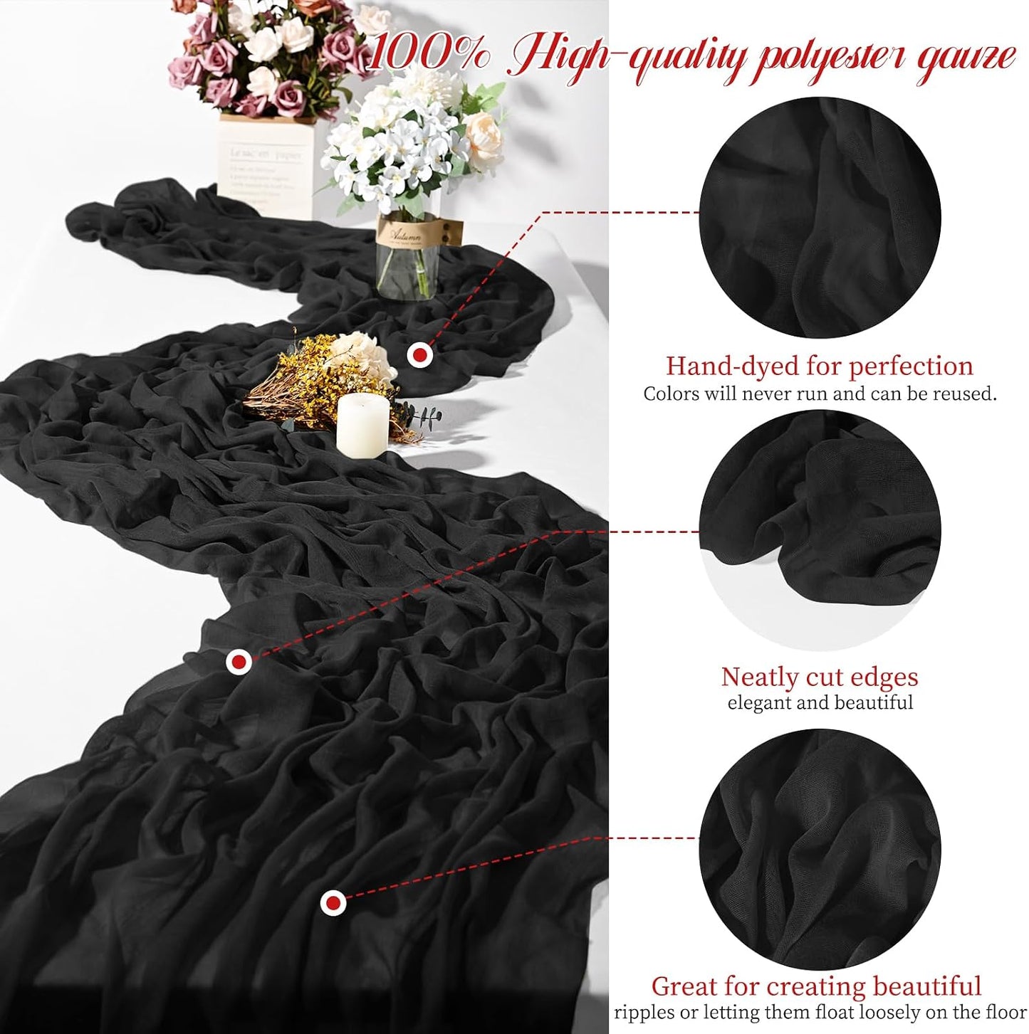 Mesa estopilla negra 35x120pulg decoración boda