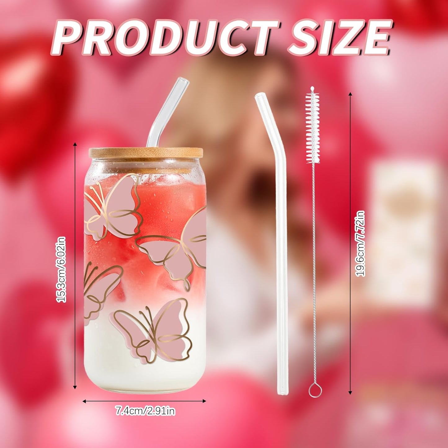 Taza de vidrio de mariposa rosa con tapa y pajita 16 oz linda regalo kawaii