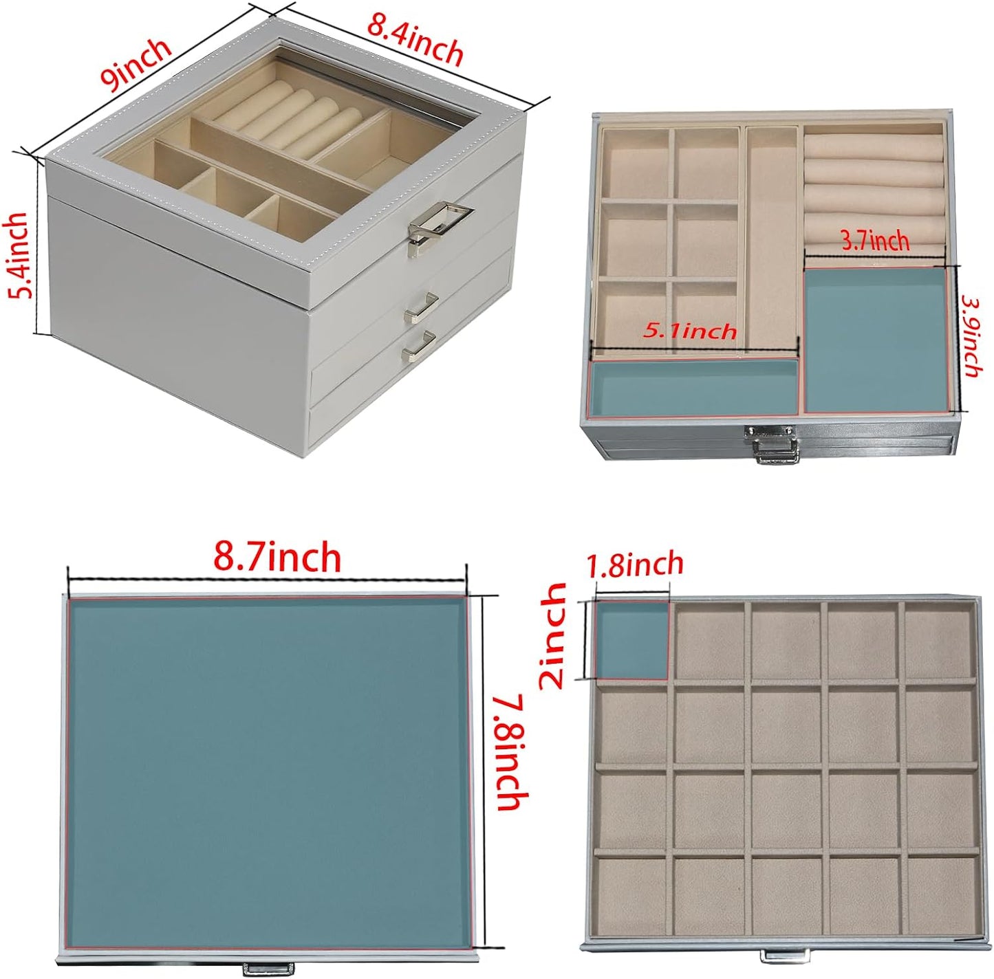 Caja joyería 3 capas con tapa transparente y 2 cajones