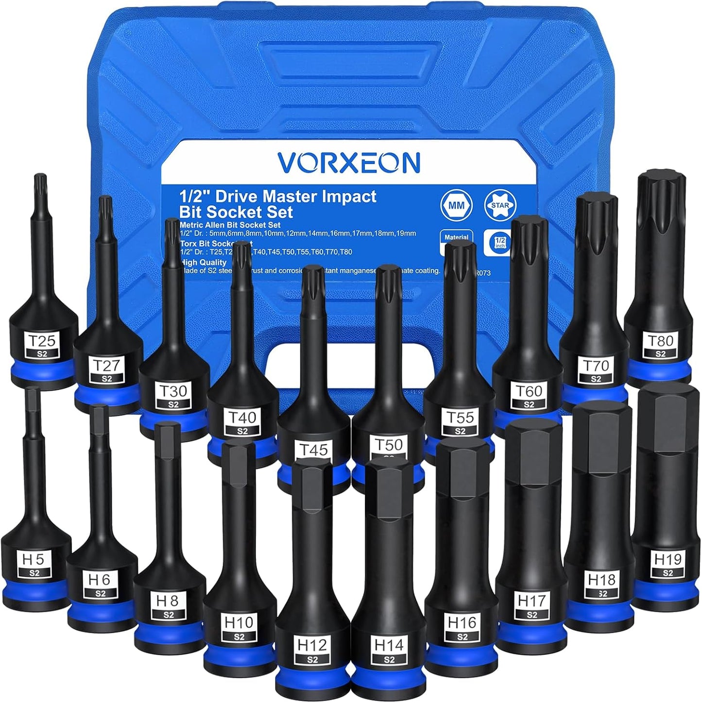 Set 20 llaves impacto Allen Hex Torx Star S2 acero 1/2pulg