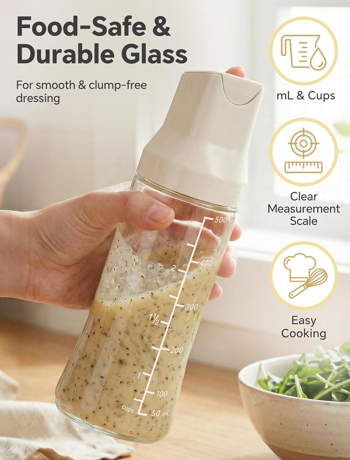 Botella coctelera de cristal con boquilla de sellado automático y bola batidora